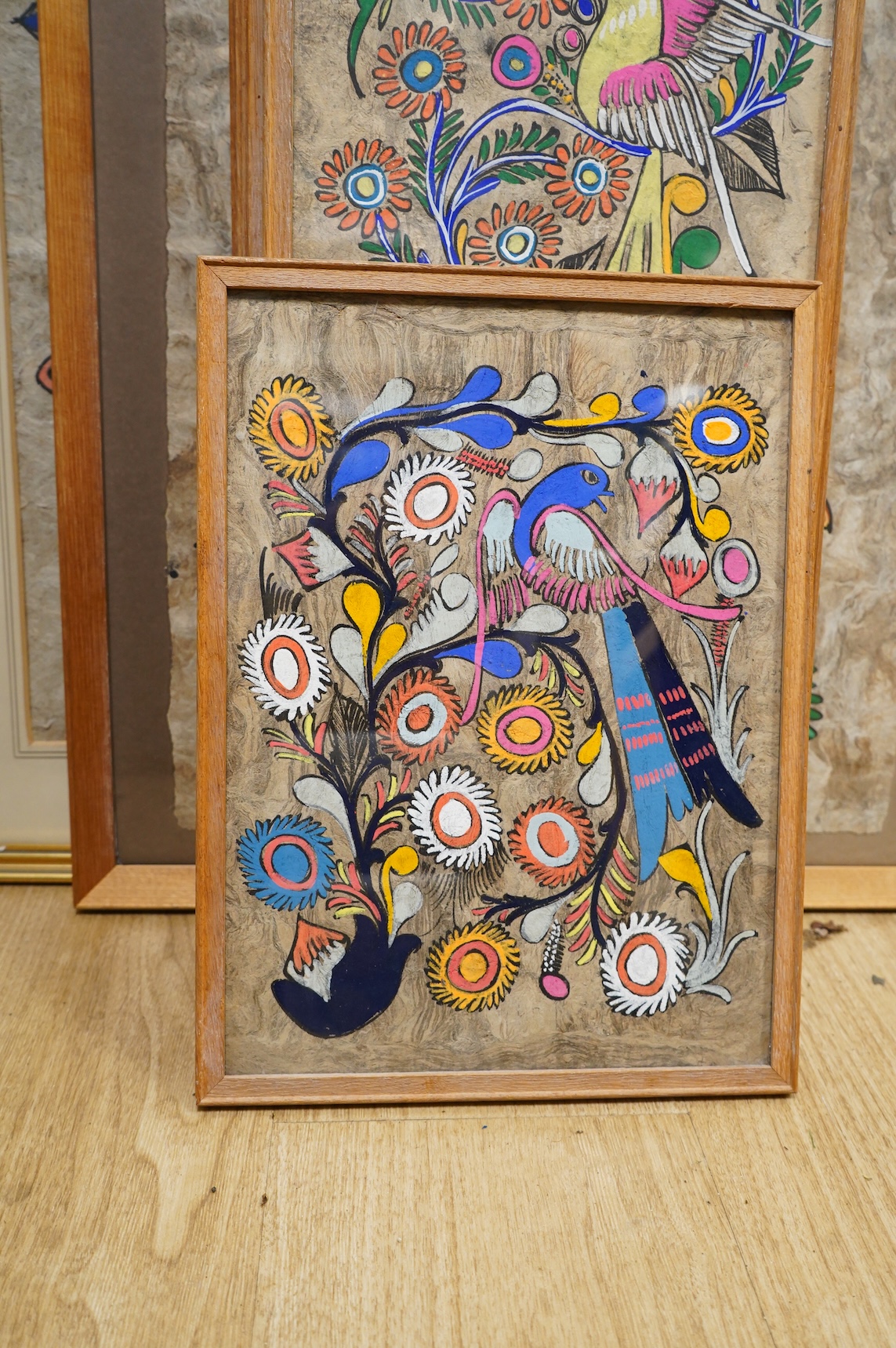A collection of six Far Eastern decorative studies depicting exotic birds amongst flowers and blossom, gouaches, largest 70 x 49cm